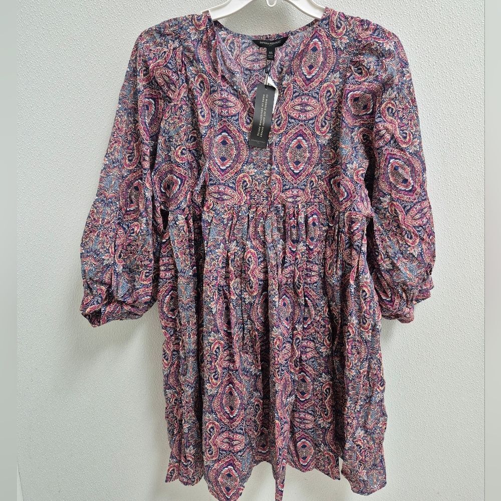 Banana Republic Paisley Tie Neck Mini Dress 100 Cotton XS NWT